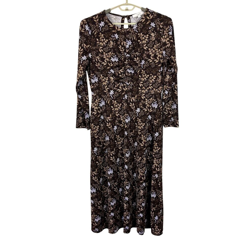 LOFT Brown Floral Godet Maxi Dress XL Stretch Long Sleeve Ruched Chest